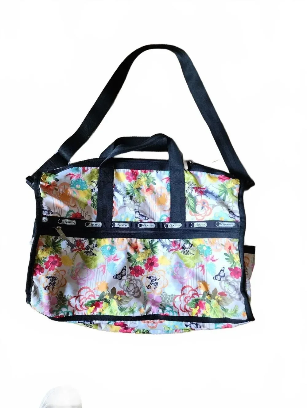 LeSportsac Large Floral Print Duffel Bag with Black Straps and Multiple Zippers
